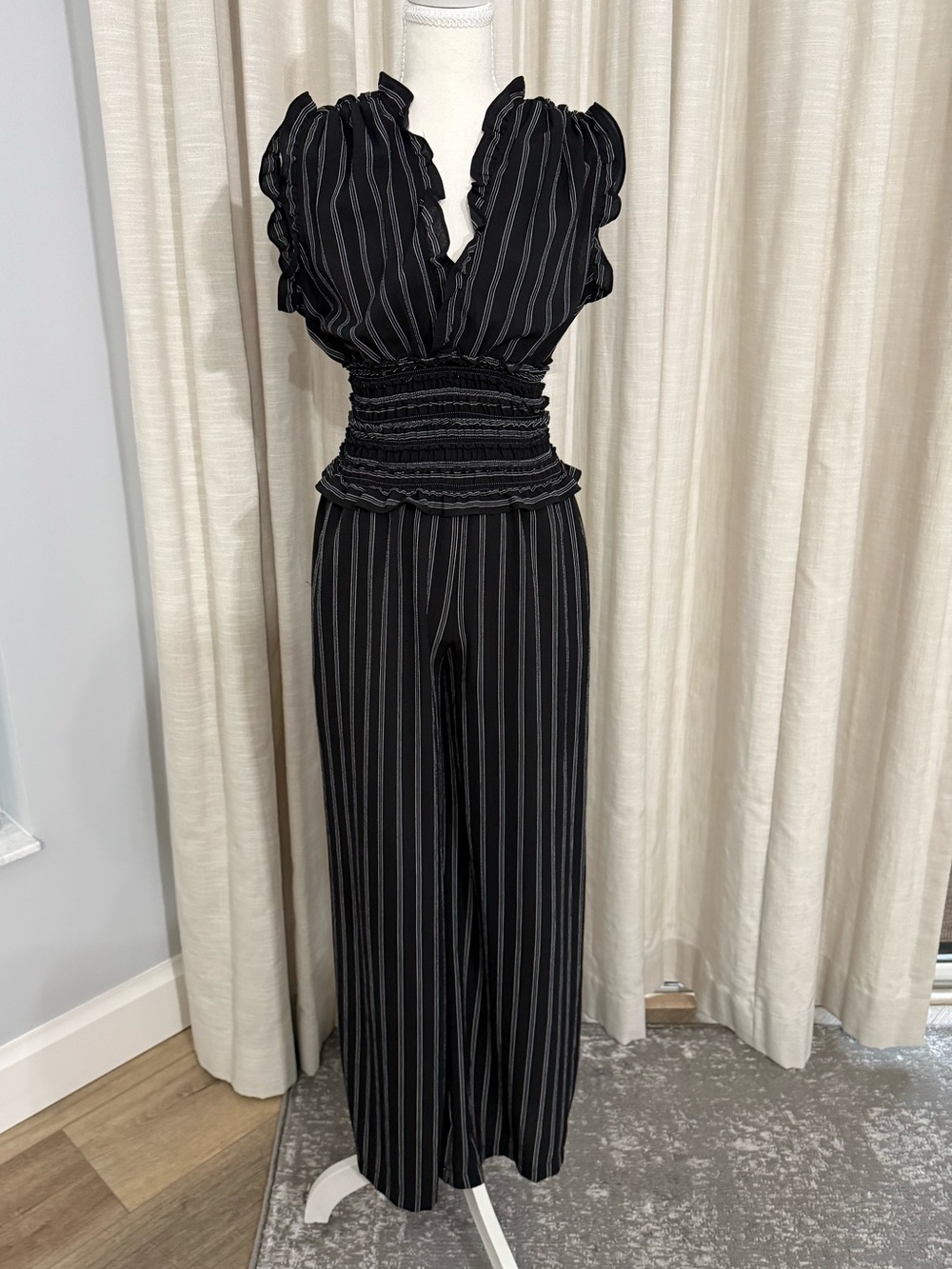 Max Studio Black Pinstripe Smocked Waist Jumpsuit